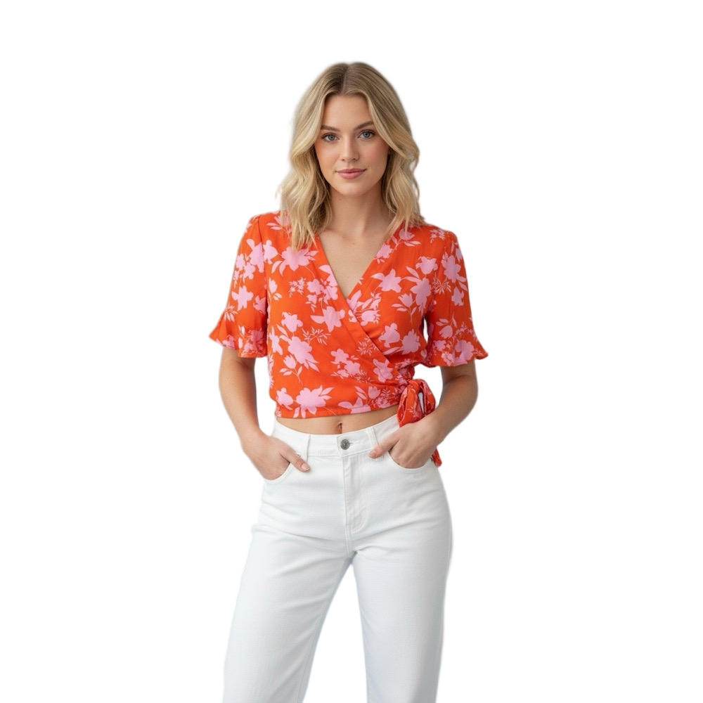 Lush Lightweight Floral Crop Wrap Blouse with Short Flutter Sleeves Size S